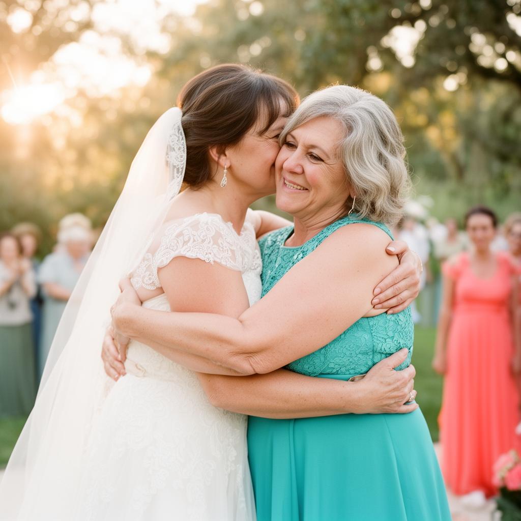 A bride embracing her mother on her wedding day